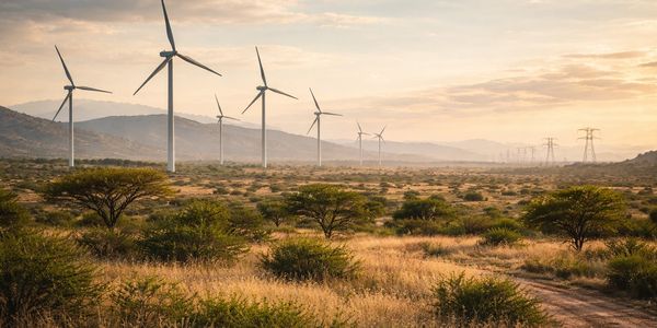Renewable energy infrastructure in an African landscape, with wind turbines and transmission lines a