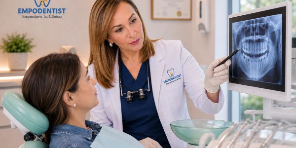 Dentista mostrando una radiografía dental a una paciente.