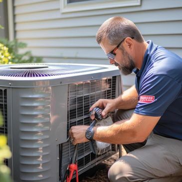 Technician repairing an outdoor air conditioning unit.