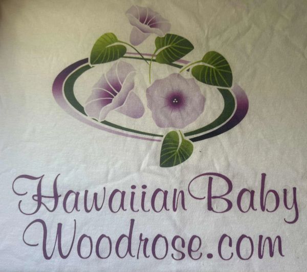 Logo with purple flowers and green leaves, reading Hawaiian Baby Woodrose.com.