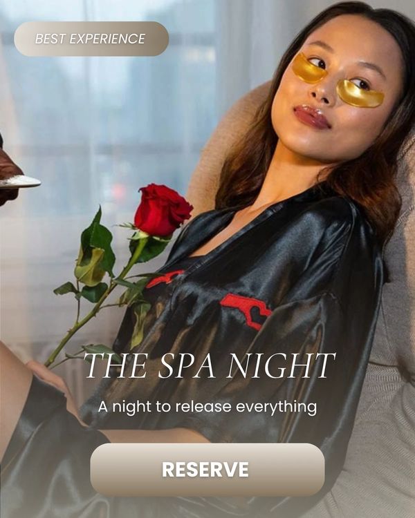 Woman enjoying collagen eye masks and a rose during a private Spa Night experience in Los Angeles.