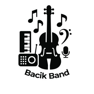 Logo zespołu muzycznego Bacik Band z instrumentami.