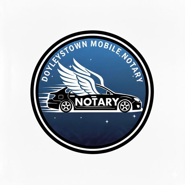 Logo for Doylestown Mobile Notary featuring a car with wings symbolizing fast service.