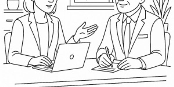 Two professionals in a meeting, discussing work with a laptop and notes.