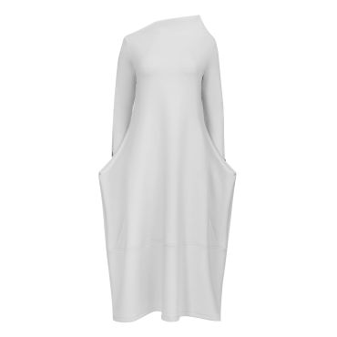 Minimalist white dress with long sleeves and an asymmetrical neckline.