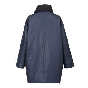 Back view of a navy blue coat with black collar.