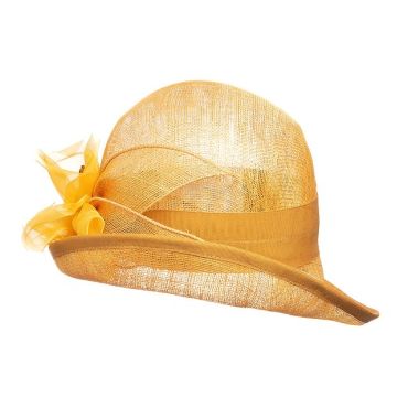 Elegant yellow woven hat with decorative bow and ribbon.
