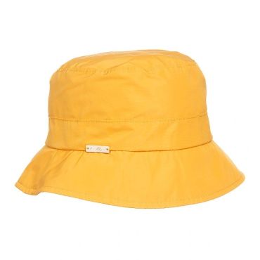 Bright yellow bucket hat with a small metal tag detail.