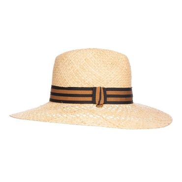 Straw sun hat with a black and brown striped ribbon.