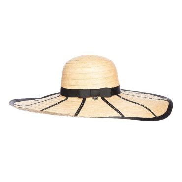 Wide-brimmed straw sun hat with black ribbon and trim.