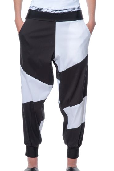 Black and white geometric patterned pants.
