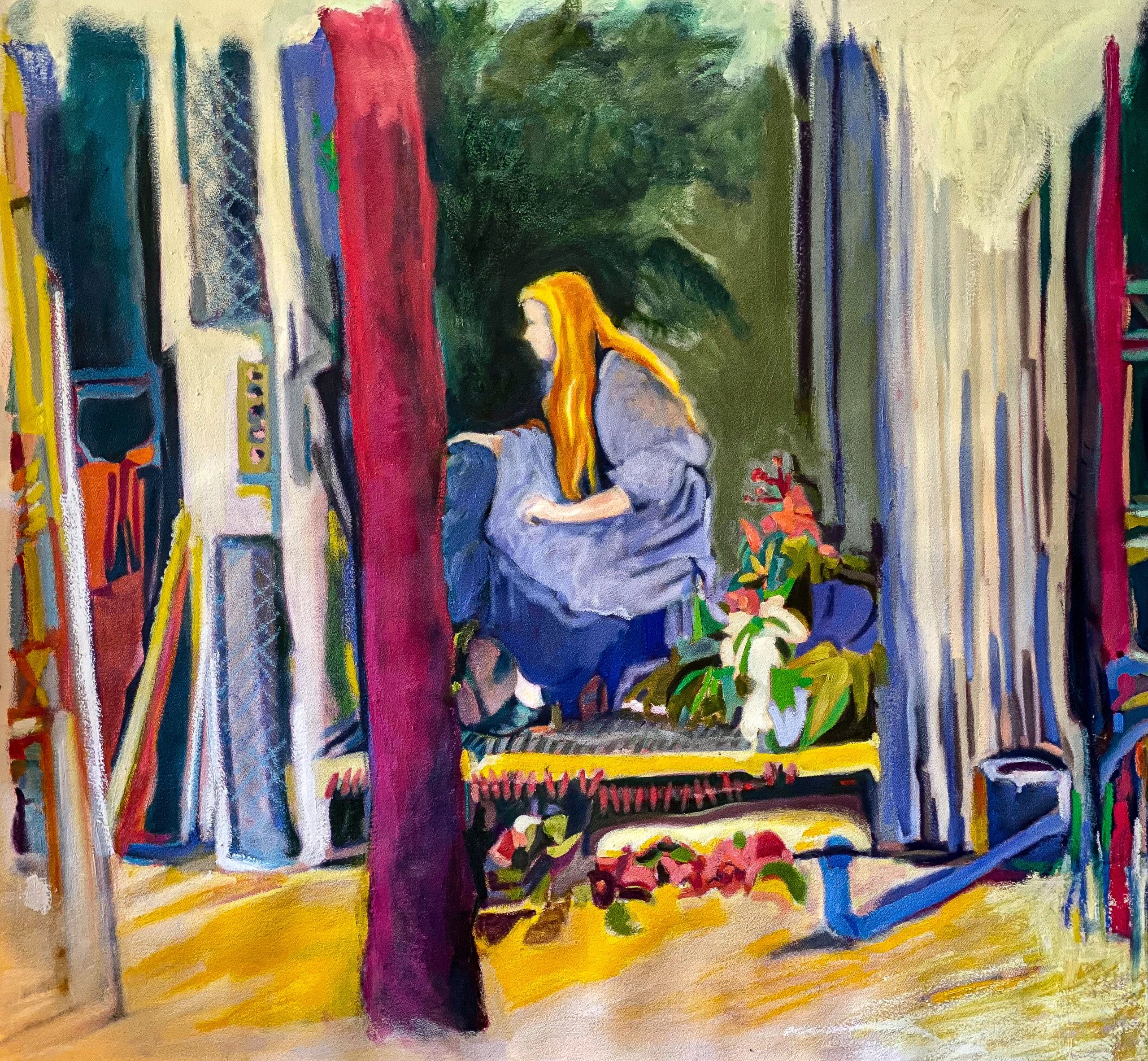 Red hair girl with blue dress, 2023
Oil on Arches 300lb paper
52x52-$1800 
(Prepared to hang like ta