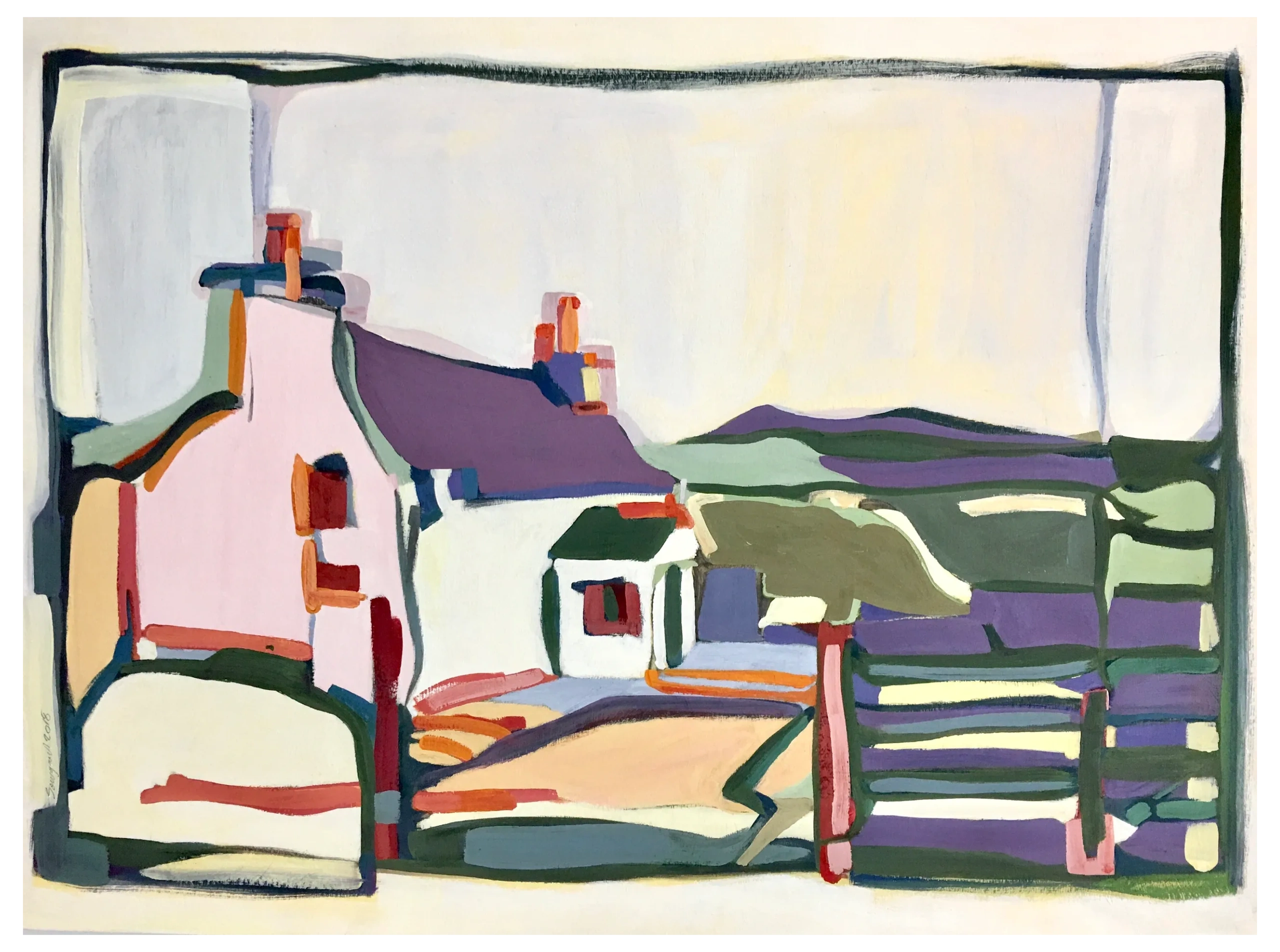Cottage with fences, 2018
Oil on Arches 300lb paper
24"x30" $1,000.00 (framed)