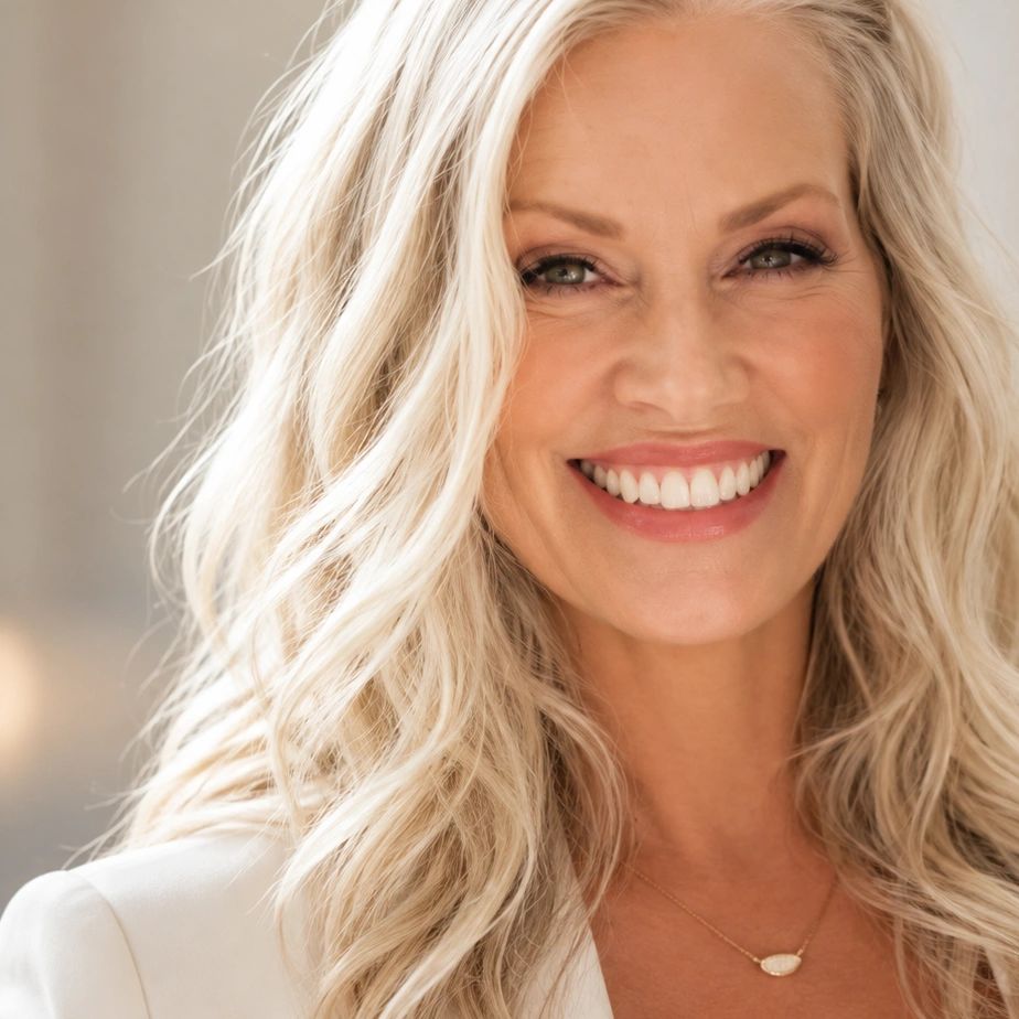 Smiling woman with long blonde hair and white blazer.