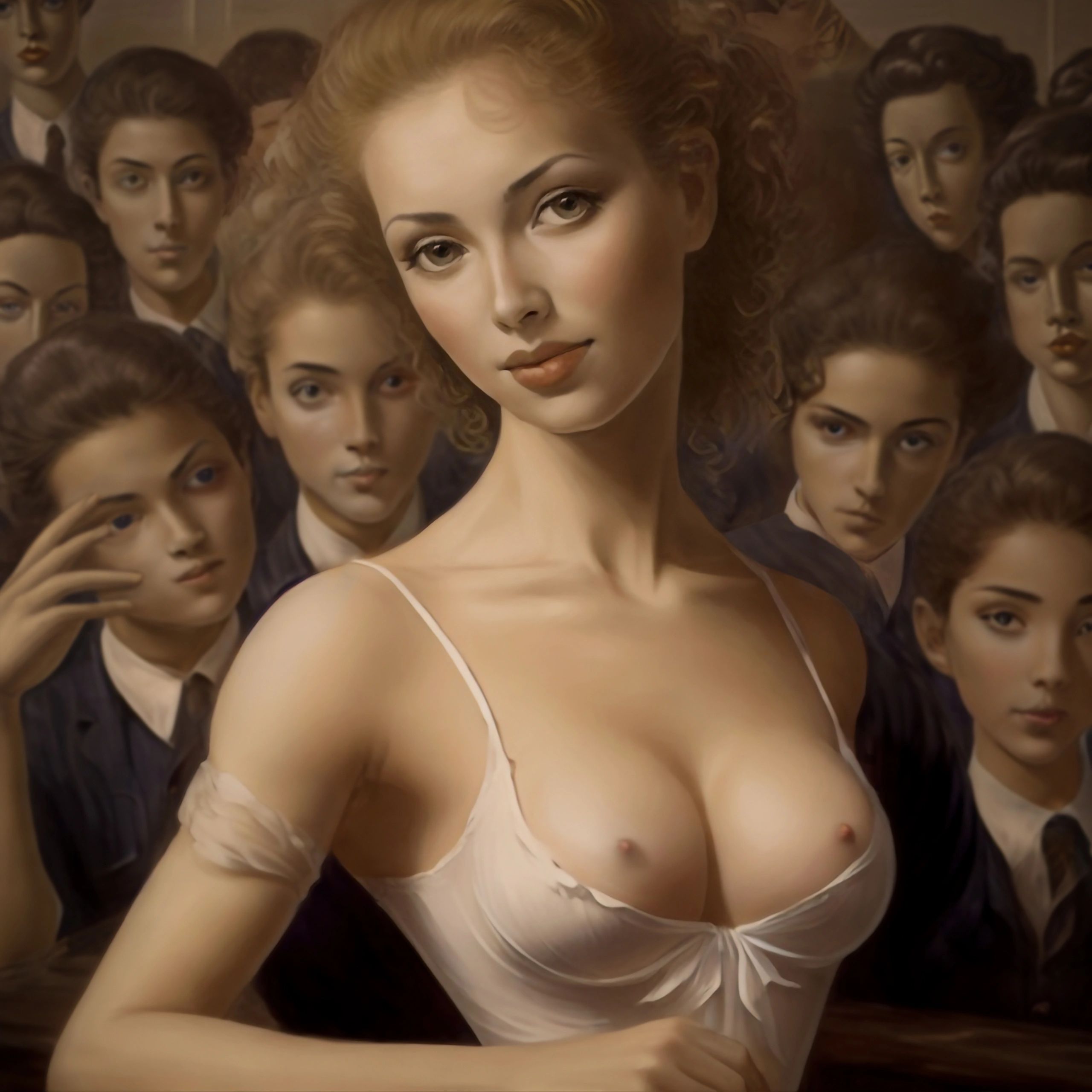 A beautiful young woman with red hair exposing her breasts in front of a group of young retro people