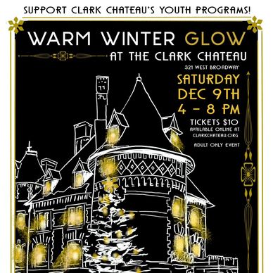 A poster winter portrait of the Clark Chateau and information about the event