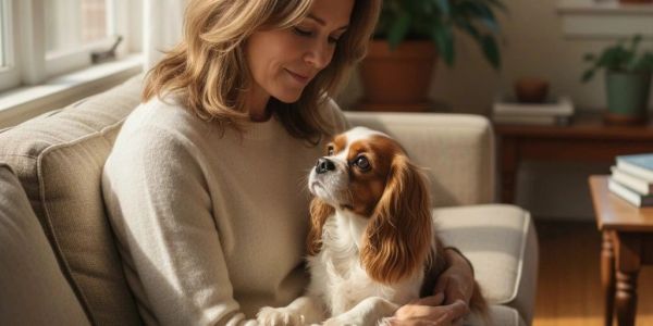 Woman lovingly holding a small dog on a couch.