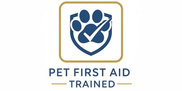 Pet first aid trained badge with paw print and check mark.