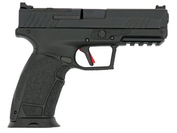 Black semi-automatic handgun with textured grip and red trigger safety.