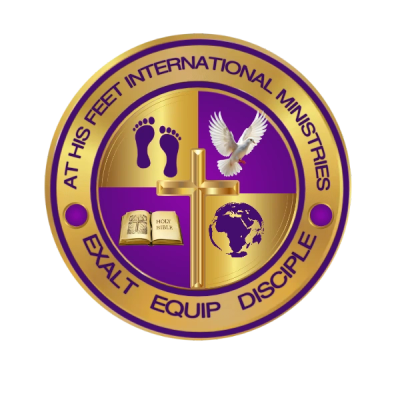 Logo for At His Feet International Ministries with religious symbols and mission words.