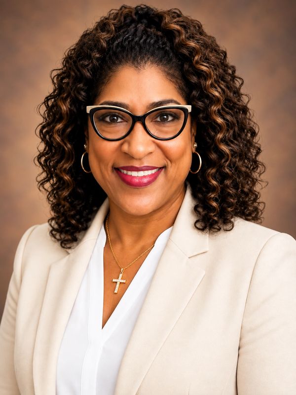 Smiling woman with curly hair and glasses in a beige blazer.