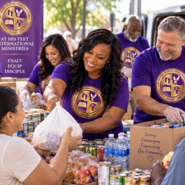 Volunteers sharing food and drinks at a community event.