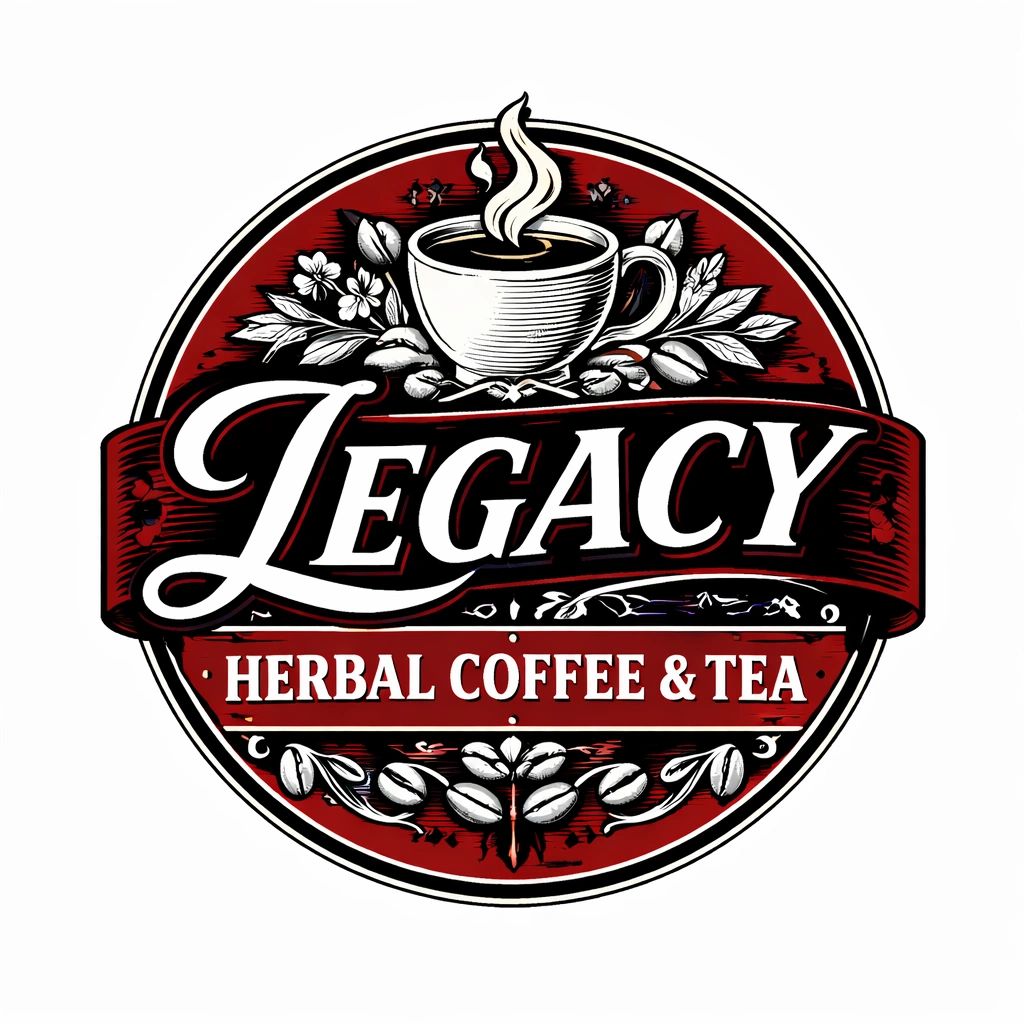 Logo for Legacy Herbal Coffee &amp; Tea featuring a steaming cup and decorative herbs.