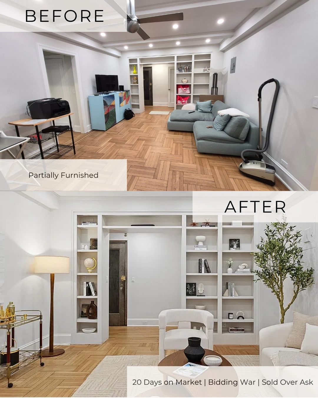 Before & after NYC staged apartment that sold with multiple offers