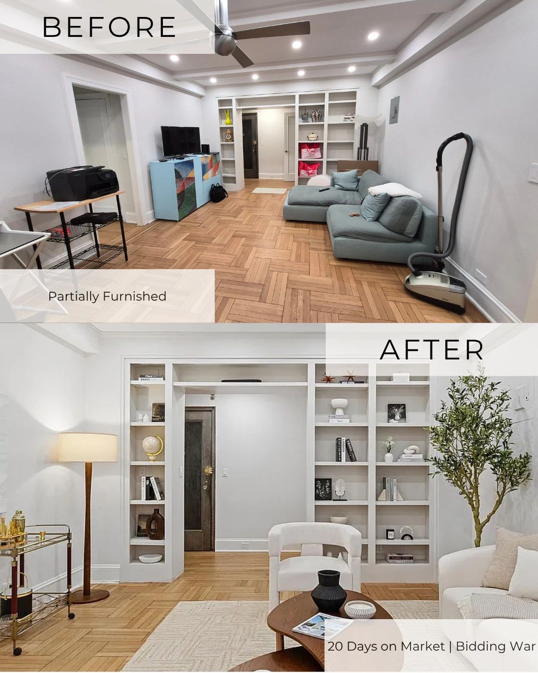 Before & after NYC staged apartment that sold with multiple offers