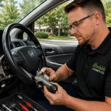 A locksmith repairing a car ignition inside a Honda.