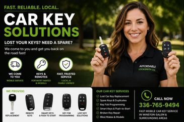 Smiling woman holding two car key remotes advertising local car key replacement services.