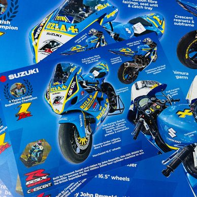 Blue Suzuki racing motorcycle with detailed specs and sponsor logos.