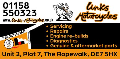 Business card for Links Motorcycles offering servicing and repairs with contact details.