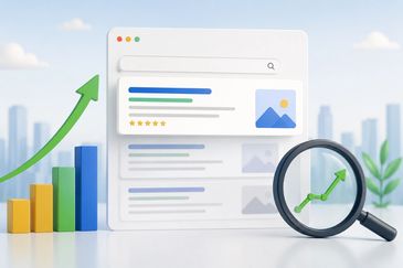 Search results with rising graph and magnifying glass showing growth.