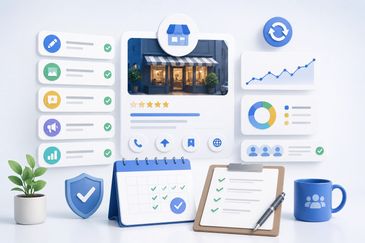 Digital marketing dashboard with analytics and business management icons.