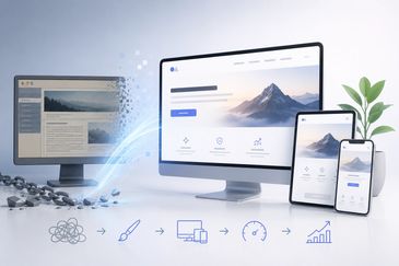 Multiple devices showing a responsive website design with icons below representing web development steps.