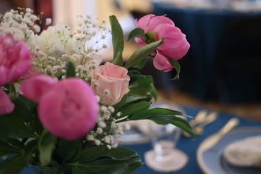 Close-up of a floral bouquet with pink and white flowers.