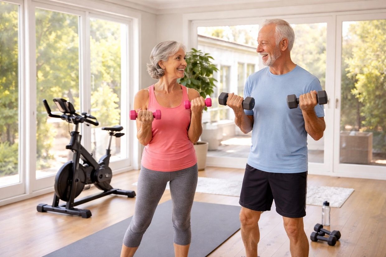 Senior couple lifting dumbbells and smiling at each other indoors.