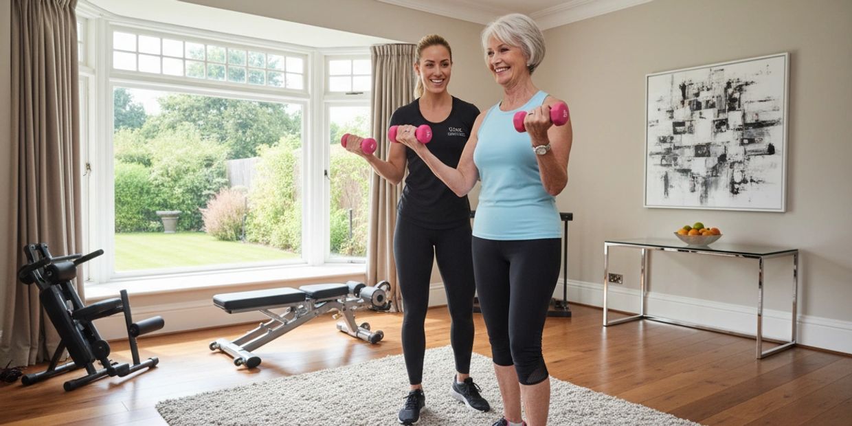 A senior woman exercising with dumbbells guided by a trainer in a bright home gym.