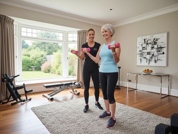 A senior woman exercising with dumbbells guided by a trainer in a bright home gym.