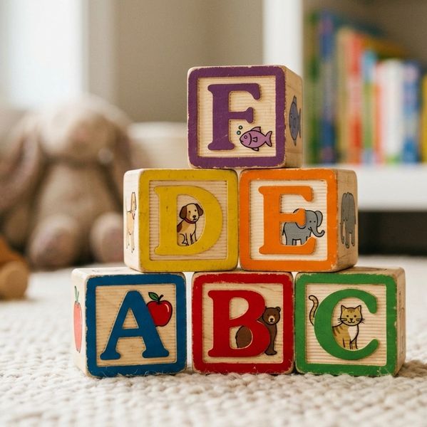 Stacked wooden alphabet blocks with animal illustrations on a carpet.