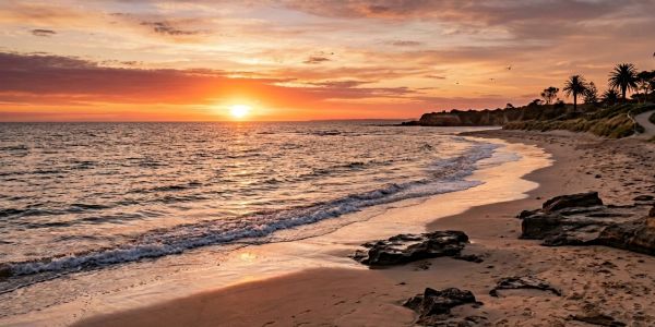 A serene sunset over a sandy beach with gentle waves.