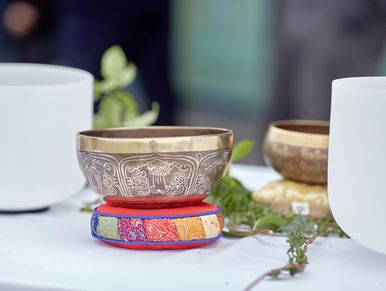 Decorative singing bowls on a table with plants.