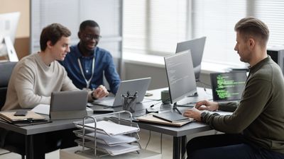 Three colleagues collaborate and work together in a modern office setting.