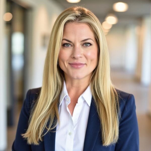 Professional woman with blonde hair in business attire smiling confidently.