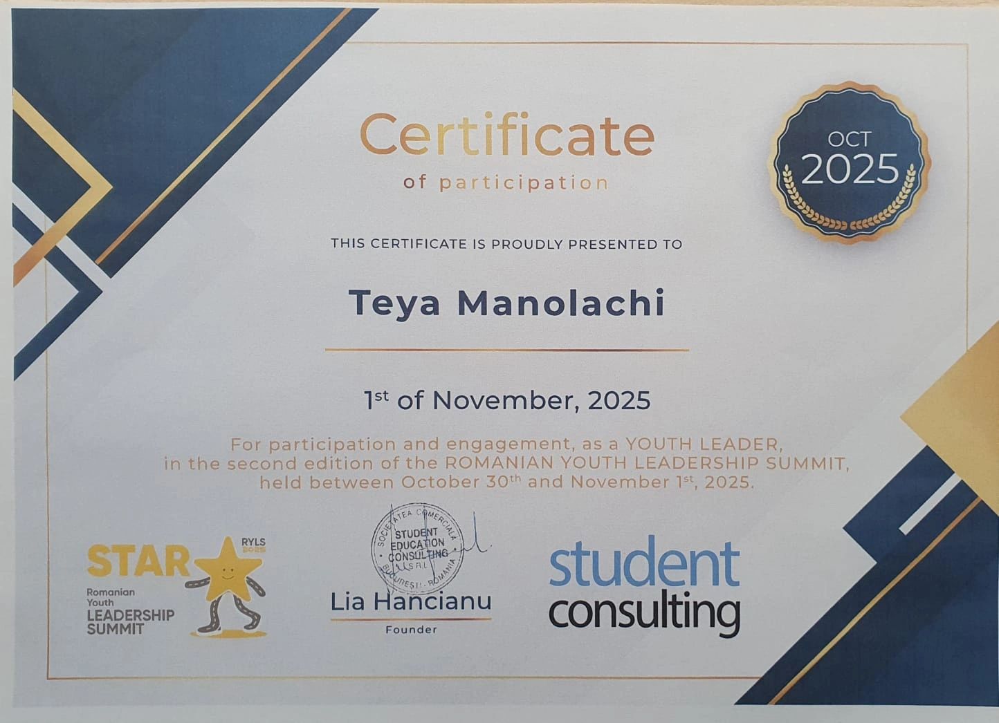 Teya Manolachi Youth Leader Certificate_Romanian Youth Leadership Summit October 2025. She was the l