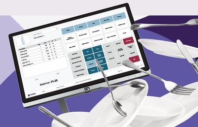 Digital menu on a tablet with floating cutlery and plates.