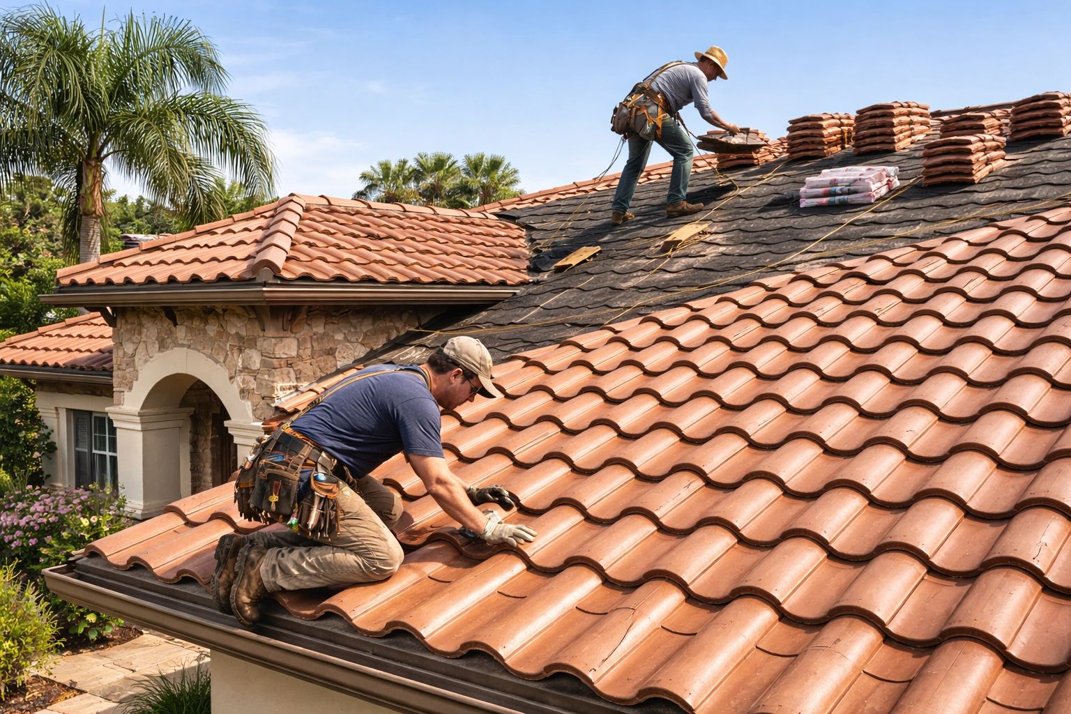 Two roofers working on a re-roof of a tile home. 