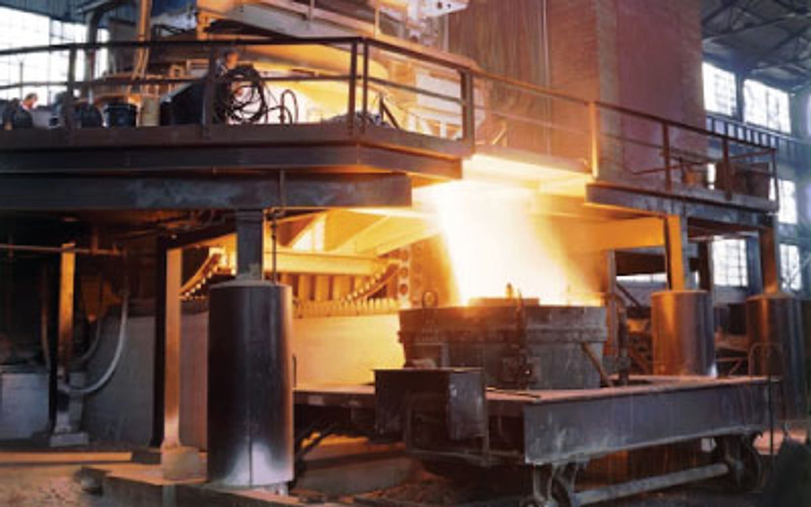 Molten metal pouring in a steel factory.