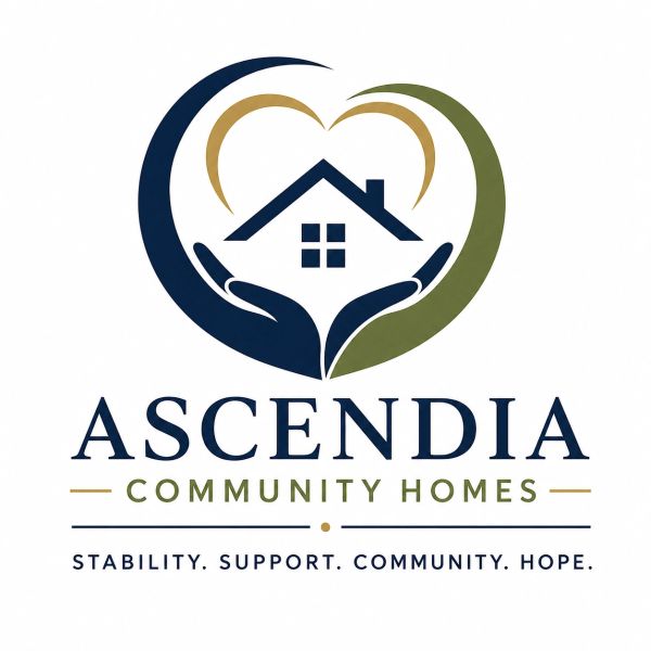 Logo for Ascendia Community Homes with house and heart design.